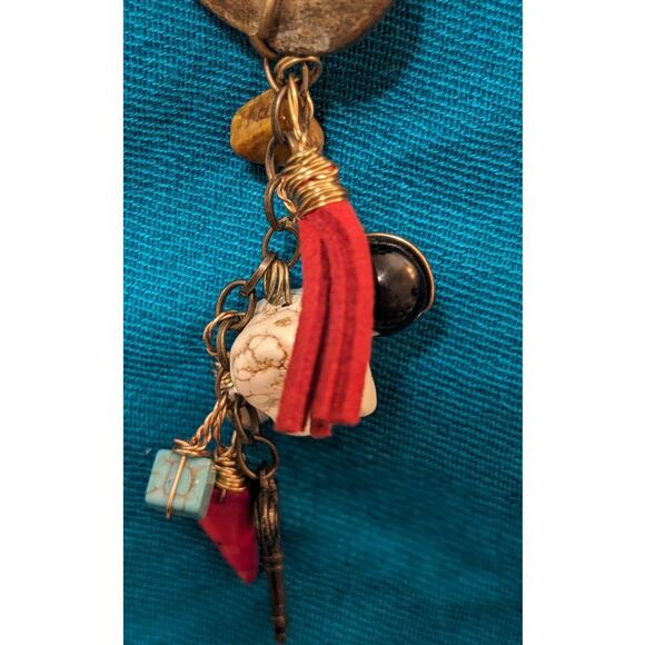 Artisan Cord with Heart, Stone, Tassel, Key and Other Charms Cluster Necklace - Picture 4 of 8